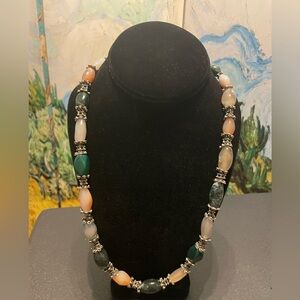 Handmade Necklace glass beads green, mustard, white and silver colors